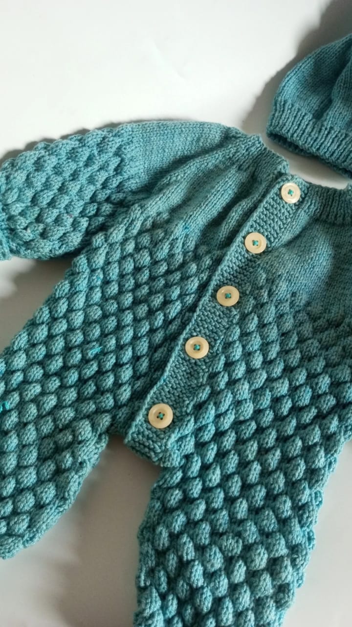 Bubble romper set in soft turquoise.